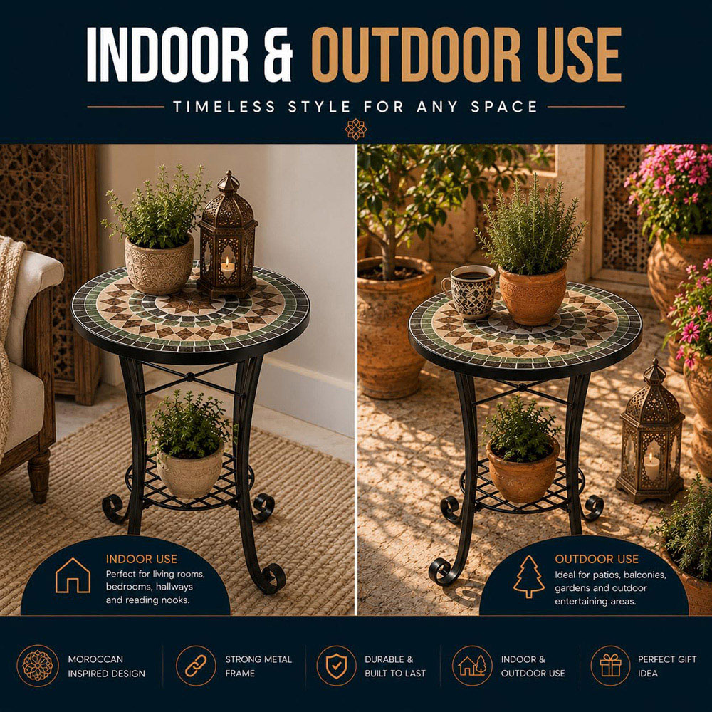 Shatchi Marrakech 2-in-1 Single Shelf Mosaic Ceramic Tile Top Plant Stand Side Table Image 6