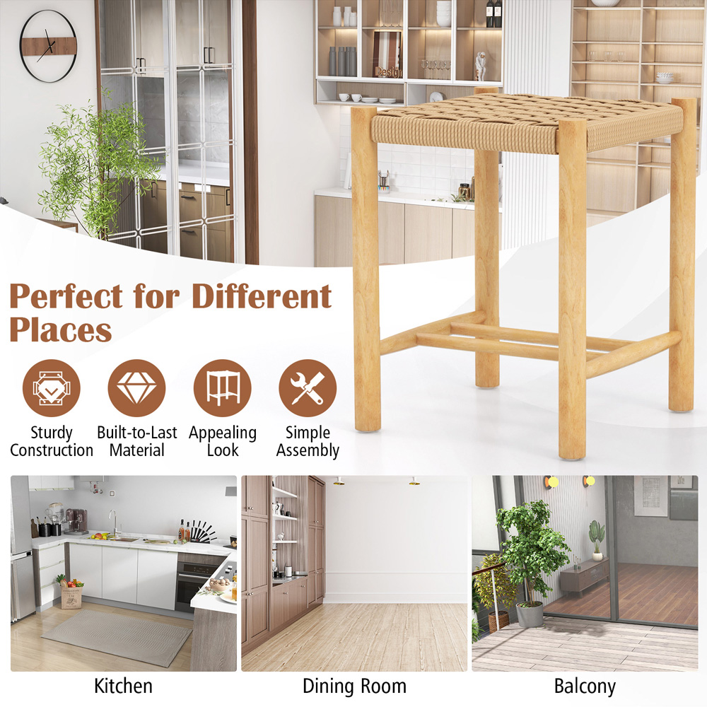 Costway Woven Paper Rubber Wood Frame Dining Stool Set of 2 Image 7