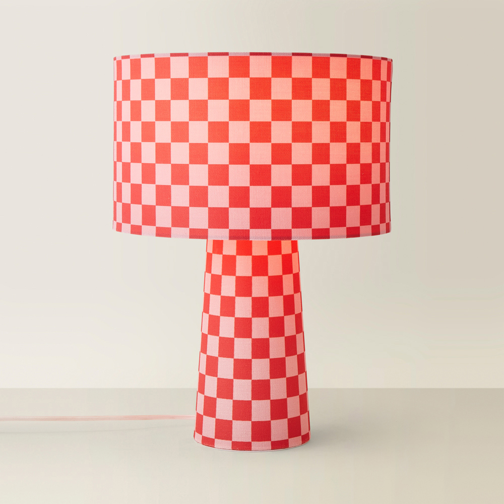 ValueLights Pritchard Pink Checkerboard Drum Shade Full Fabric LED Table Lamp Image 5