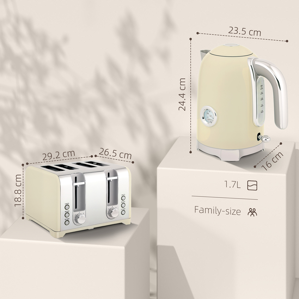 HOMCOM 800-289V70CW Cream Retro 1.7L Kettle and 4 Slice Toaster Set 3000W Image 9