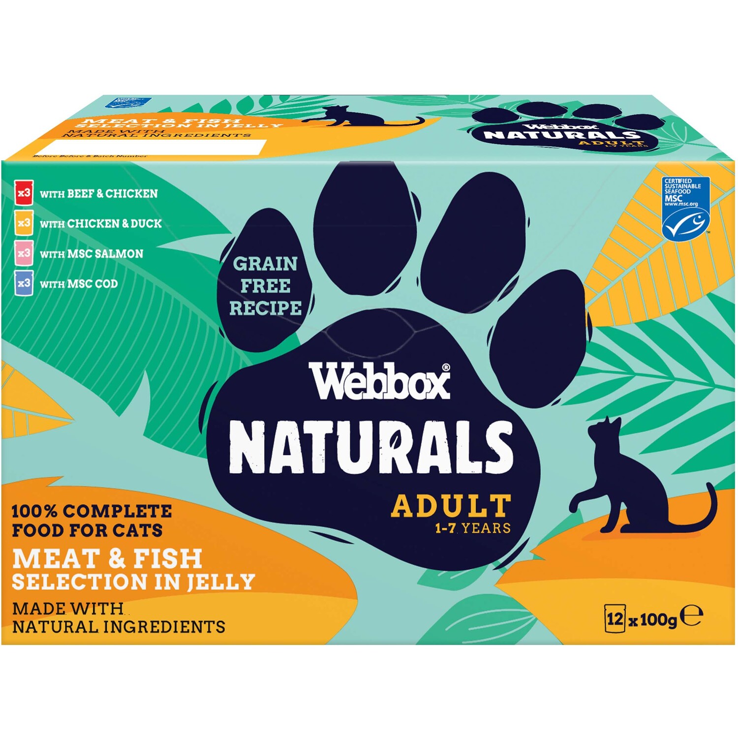 Webbox Naturals Meat and Fish in Jelly Pouch Cat Food 100g 12 Pack Image