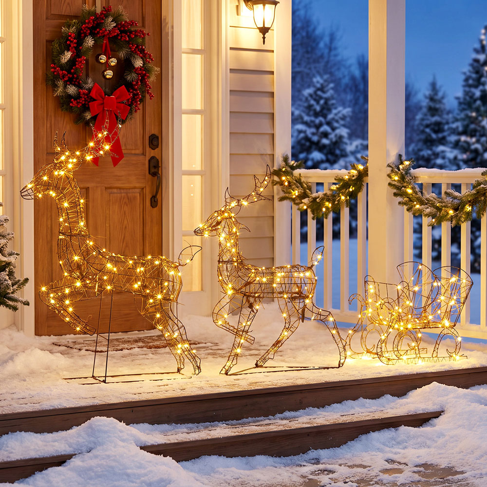 Outsunny 240 Warm White LED 3-Piece Reindeer and Sleigh Set Outdoor Christmas Decoration Image 4