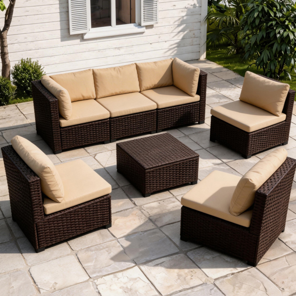 Furniture One 6 Seater Brown Rattan Modular Garden Furniture Set Image 1