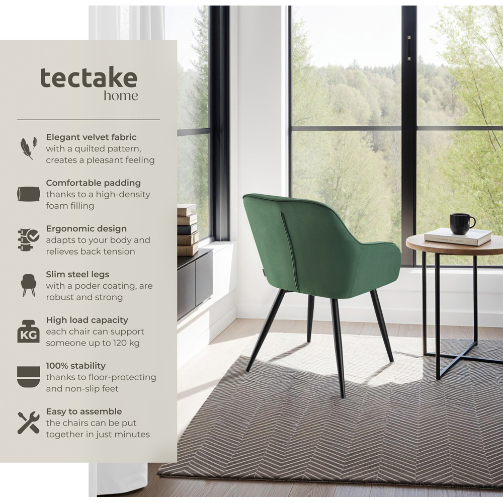 Tectake Marilyn Dark Green and Black Velvet Quilted Dining Chair Image 3