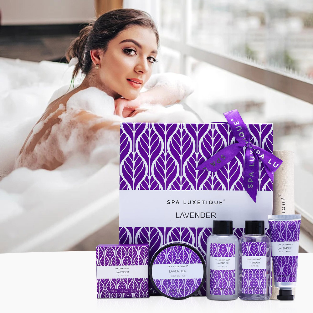 Living and Home 6 Piece Purple Lavender Spa Bath Gift Set Travel Pamper Box Image 4