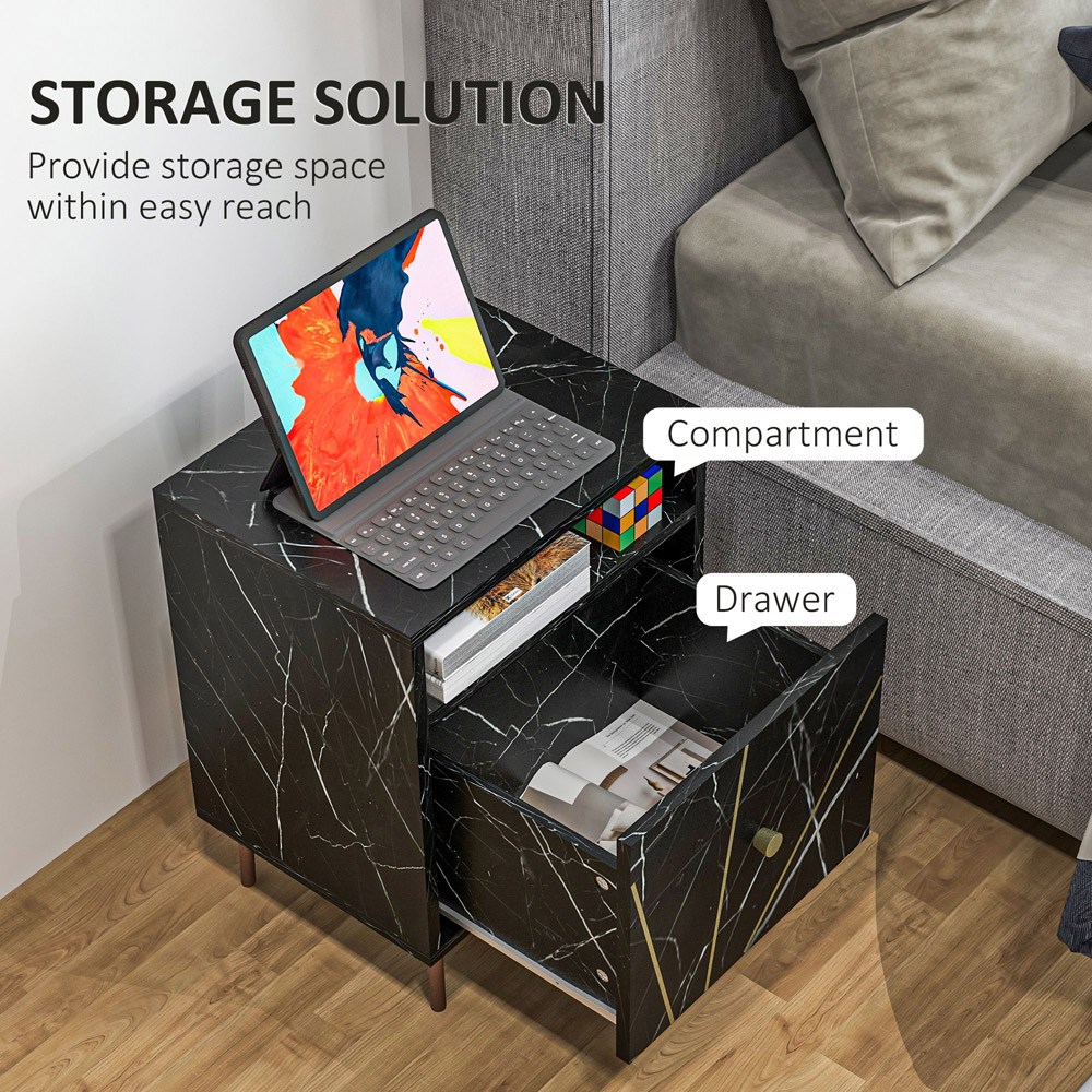 Portland Single Drawer Single Shelf Black Marble Bedside Table Image 6