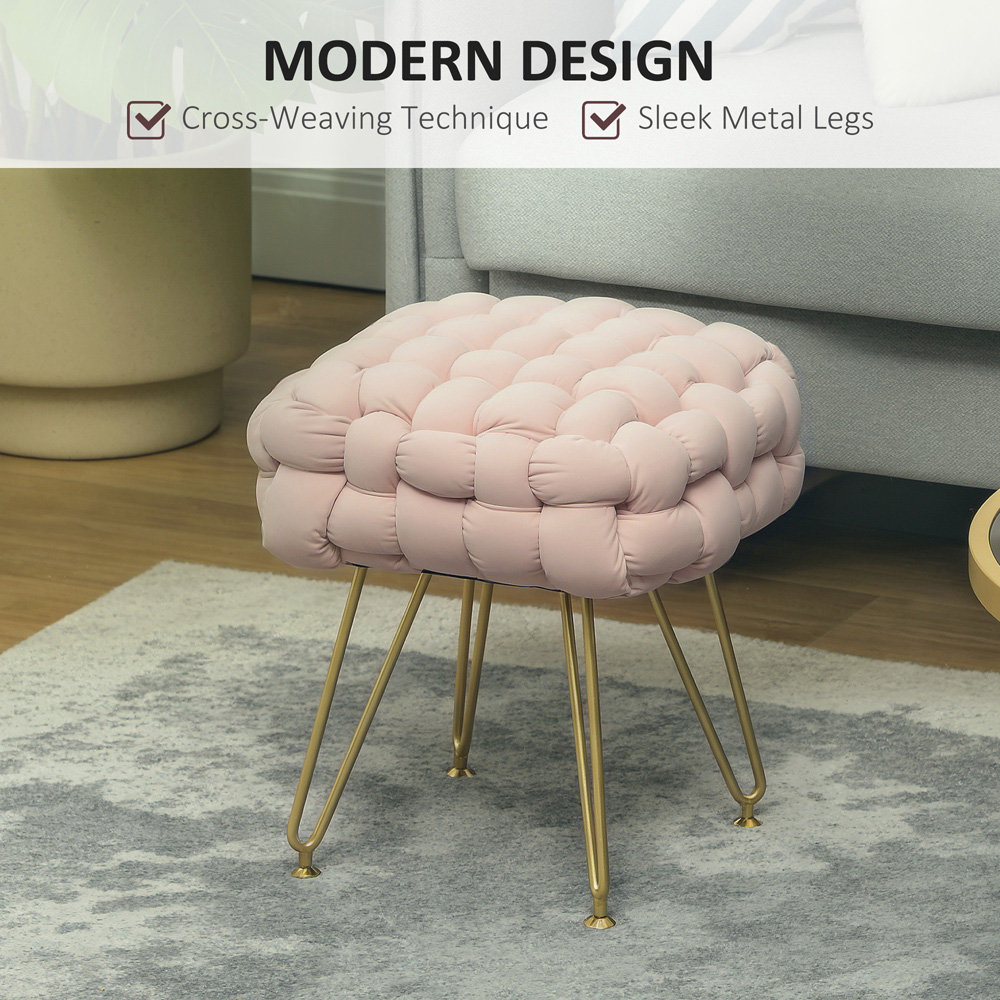 HOMCOM Pink Woven Velvet Footstool with Metal Legs Image 5