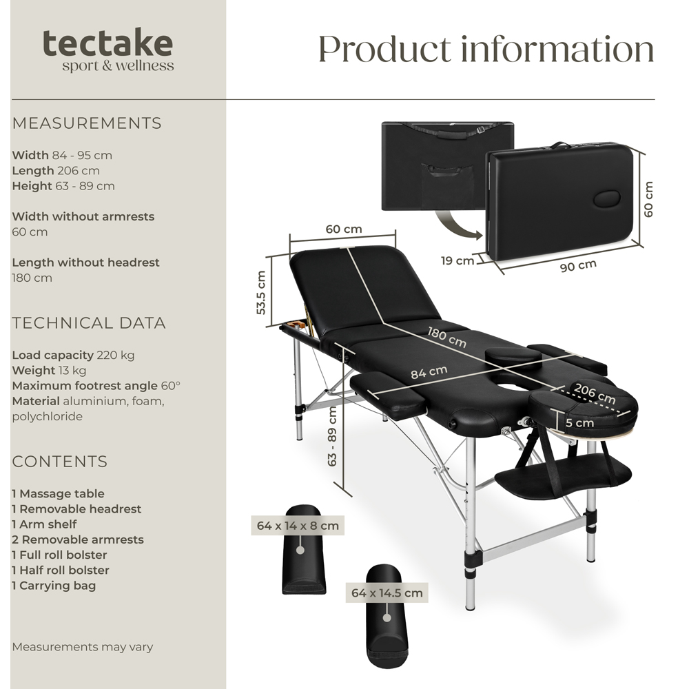 Massage Table - aluminium frame, carry bag, bolsters, head and armrests, folding - Black Image 9