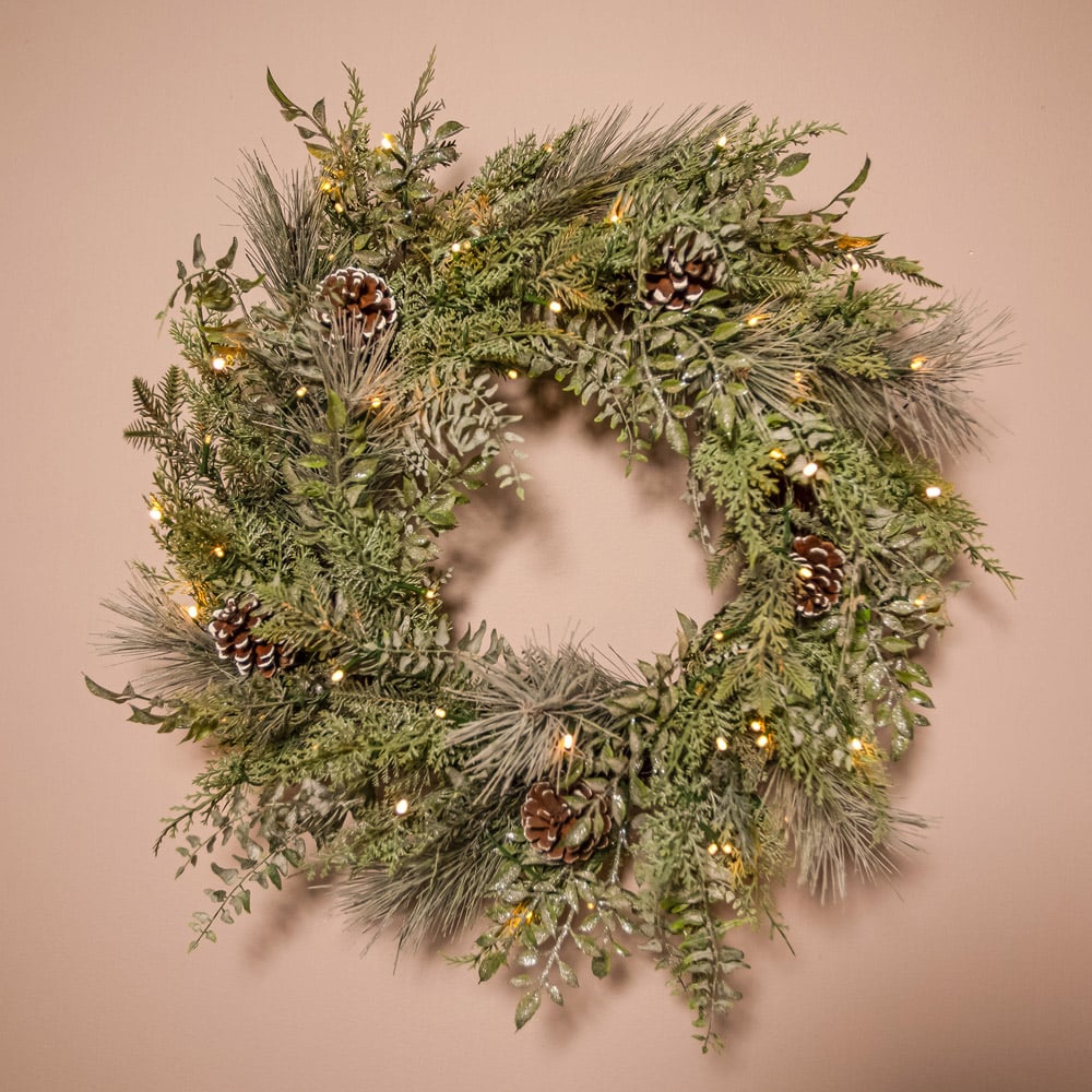The Christmas Centre 50 Warm White LED Pre-Lit Winter Woodland Wreath with Pinecones 66cm Image 6