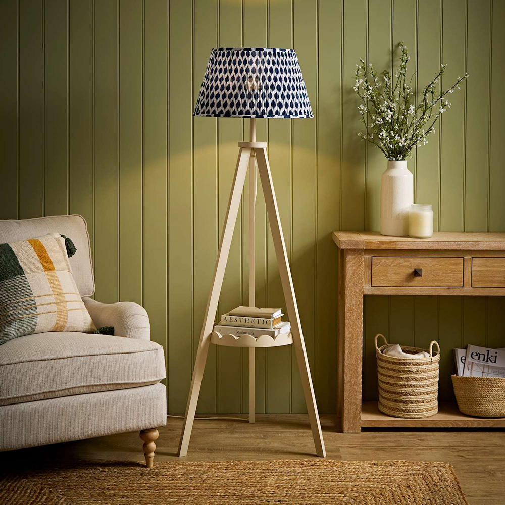 ValueLights Morrigan Blue Ikat Pleated Shade Cream Scallop Tripod LED Floor Lamp with Bulb Image 6