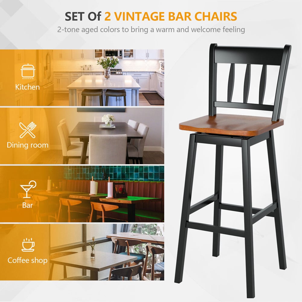 Costway Black Rubberwood Swivel Bar Stool Set of 2 Image 7