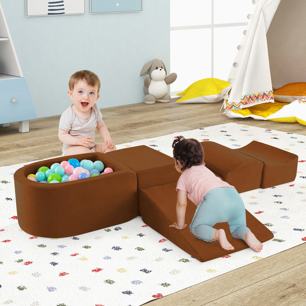 Costway Kids Brown 5 Piece Climb and Crawl Play Set with Ball Pit Image 2