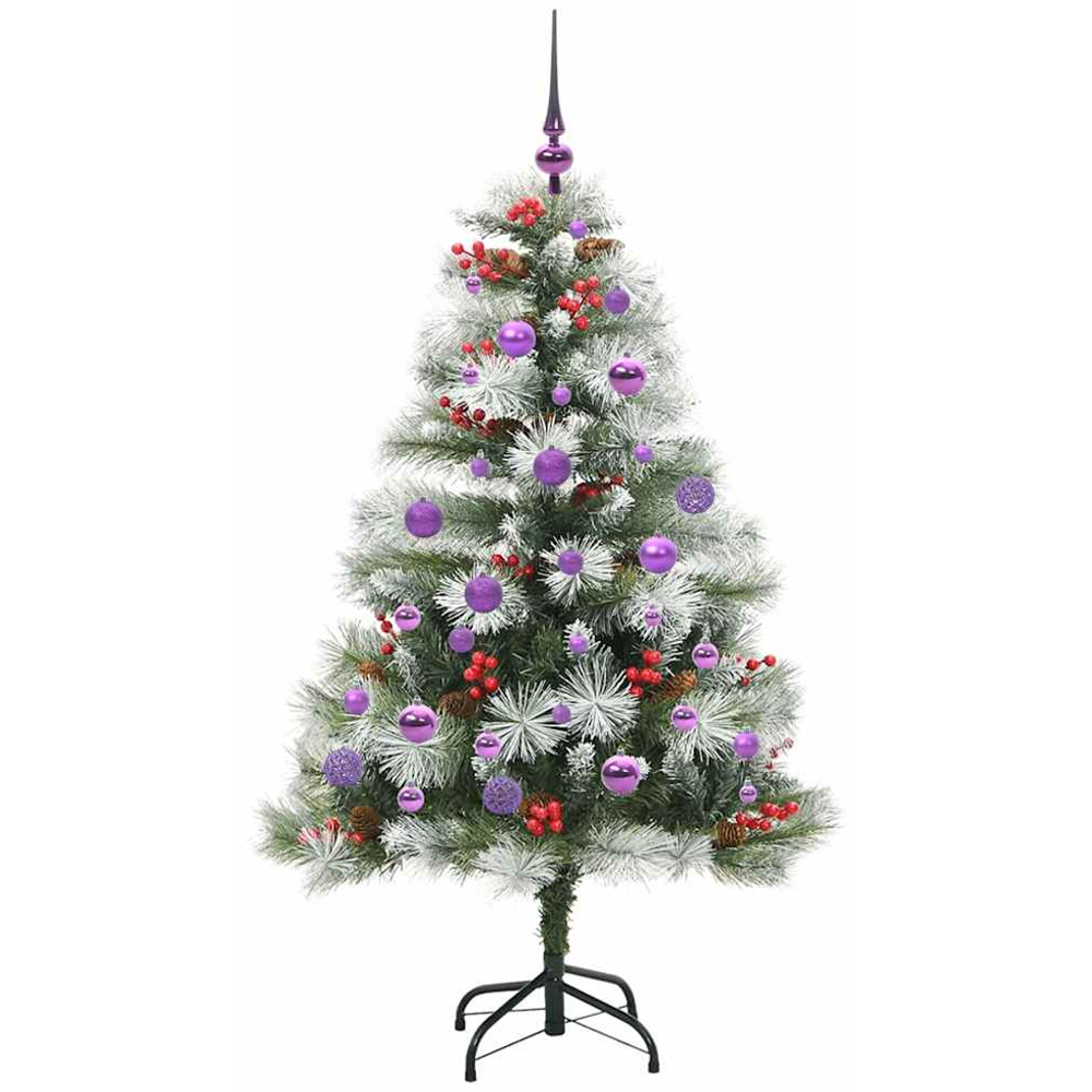 vidaXL Pre-Lit Lilac Baubles Green Artificial Snow Flocked Christmas Tree 5ft Image 4