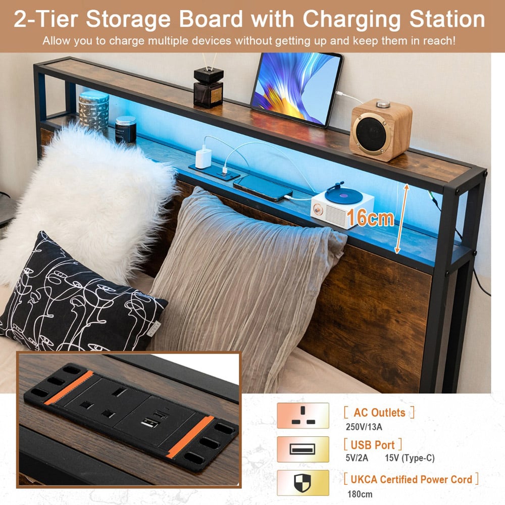 Costway King Size RGB LED Light Metal Bed Frame with Charging Station Image 6