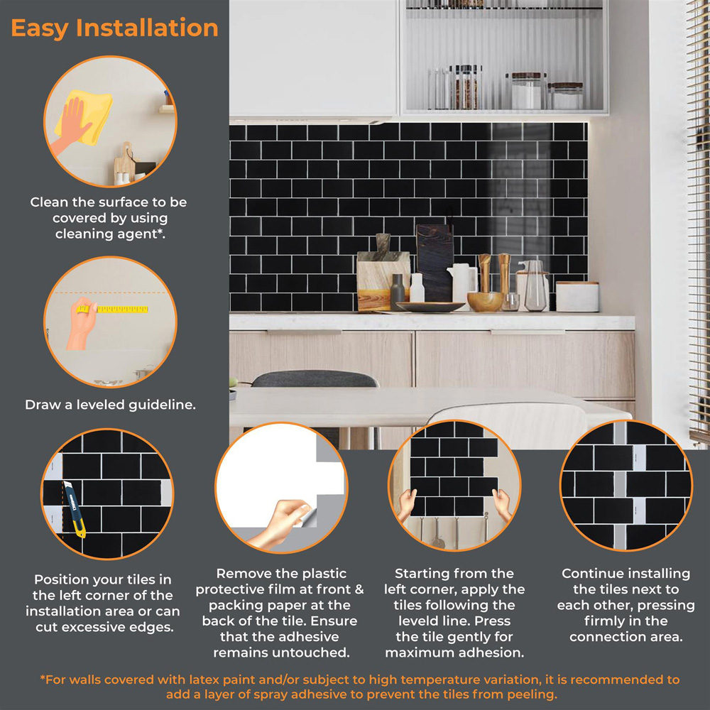 Walplus London Metro Classic Bric Pure Black 3D Peel and Stick Backsplash Tile Sticker 6 Pack Image 6