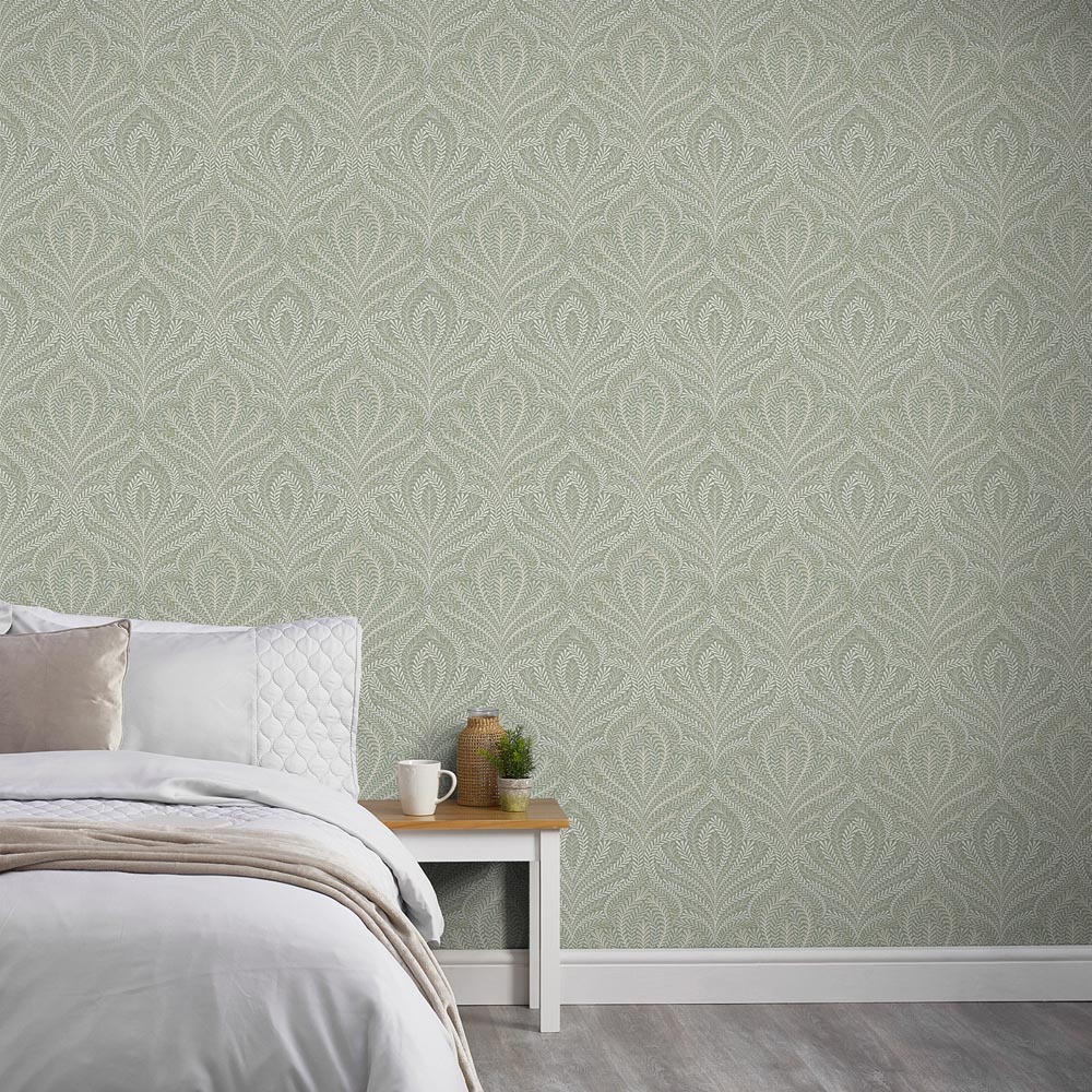Grandeco Margot Filigree Metallic Damask Sage Green Wallpaper Image 3