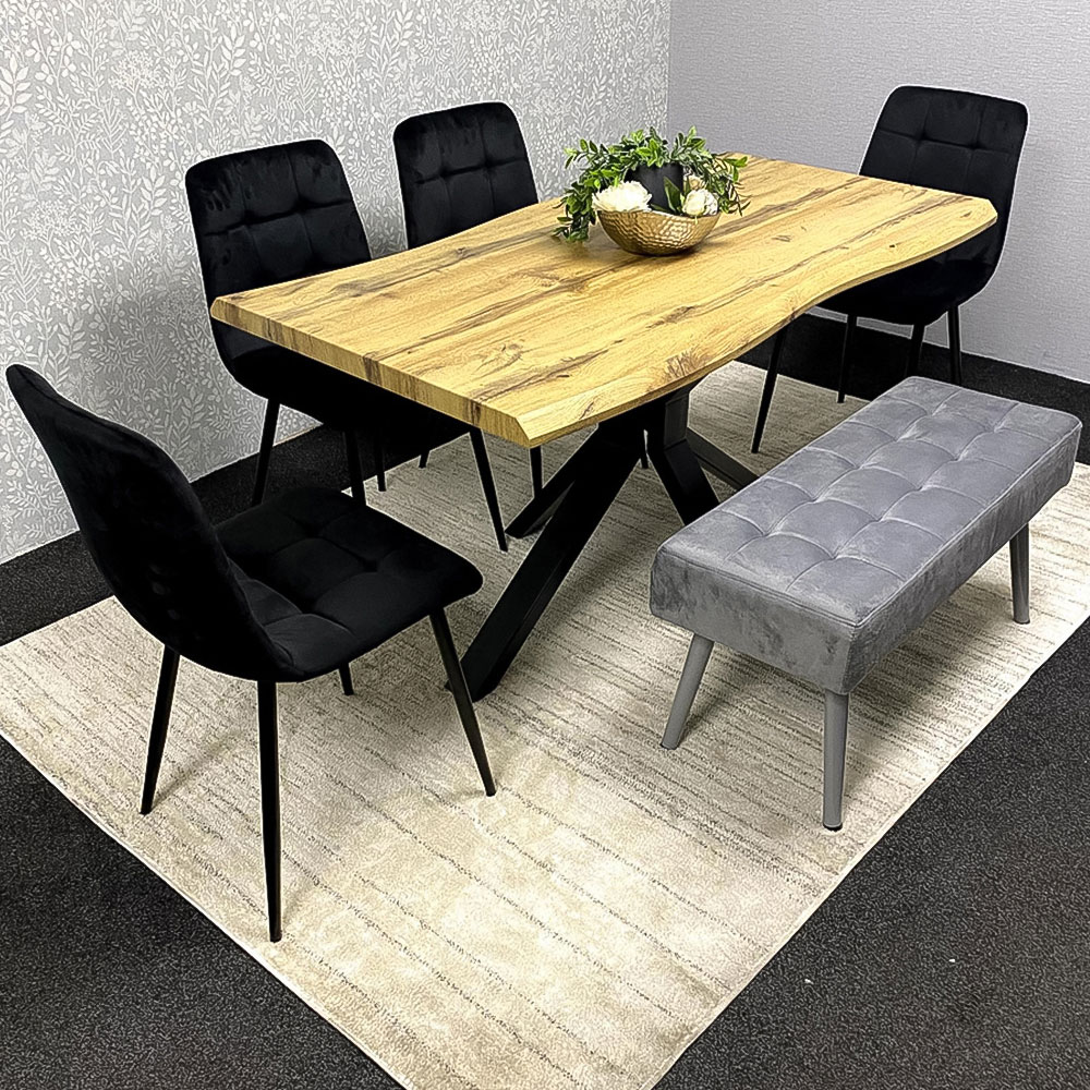 Kosy Koala 6 Seater Wood and Velvet Dining Table Set with Bench Black and Grey Image 1