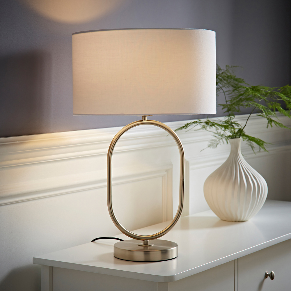 ValueLights Antonia White Fabric Drum Lamp Shade Brushed Chrome Oval LED Table Lamp Image 2