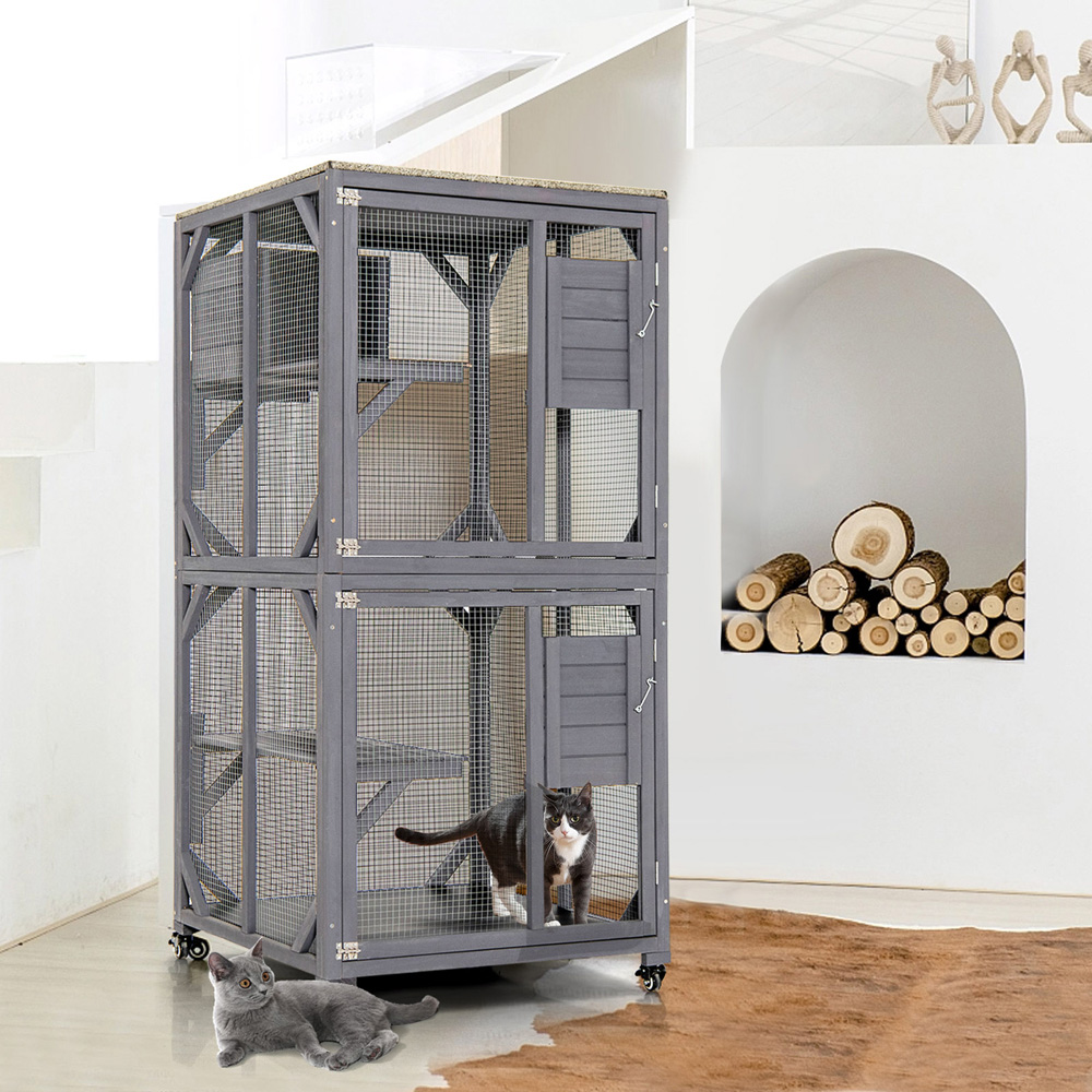 Costway 2 Door Grey Wooden Cat House with Asphalt Roof Image 2