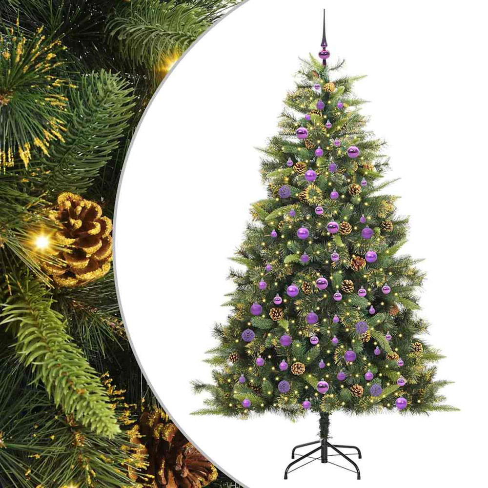 vidaXL Pre-Lit Lilac Baubles and Pinecones Green Artificial Christmas Tree 7ft Image 2