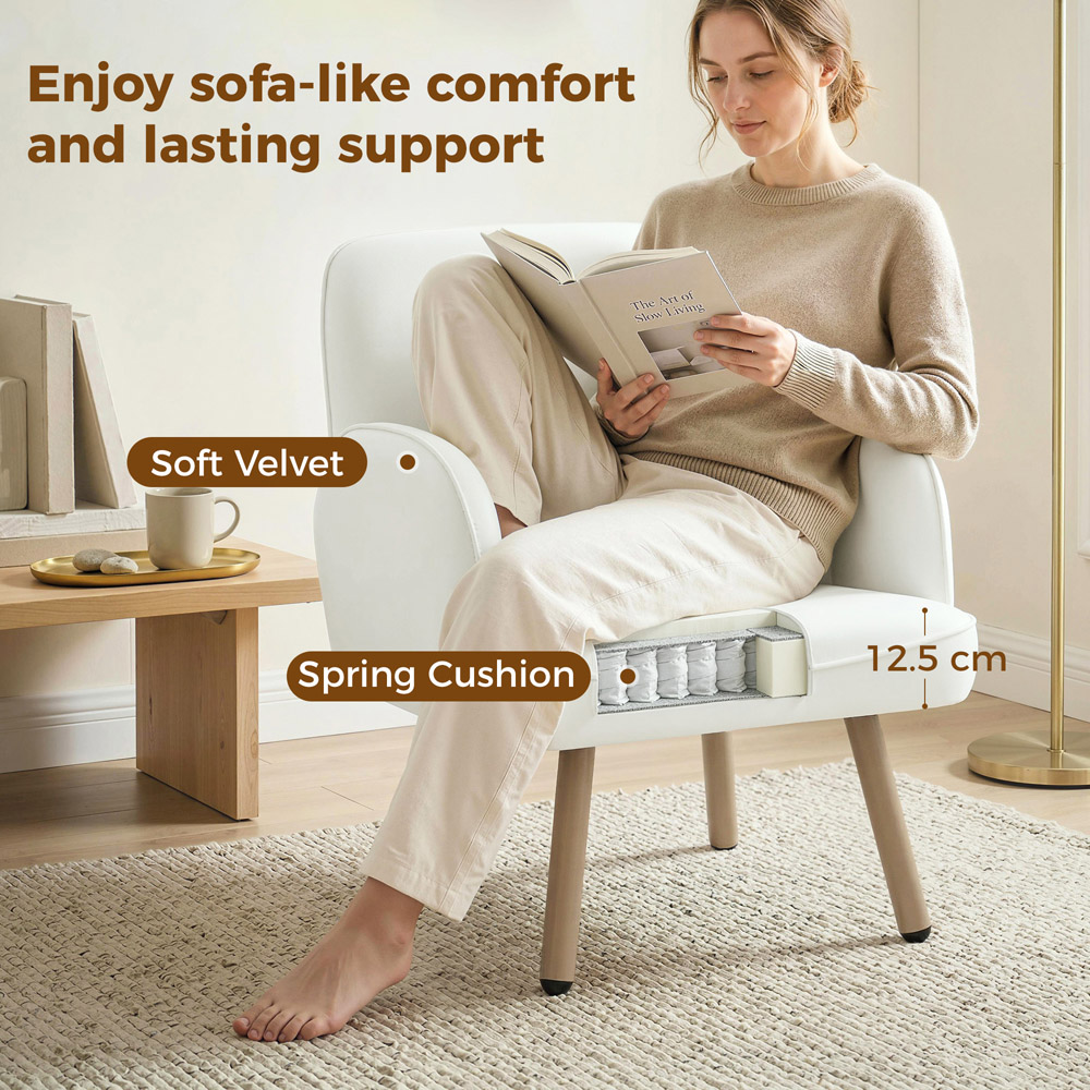 HOMCOM Cream White Velvet Upholstered Spring Cushion Lounge Chair Image 5