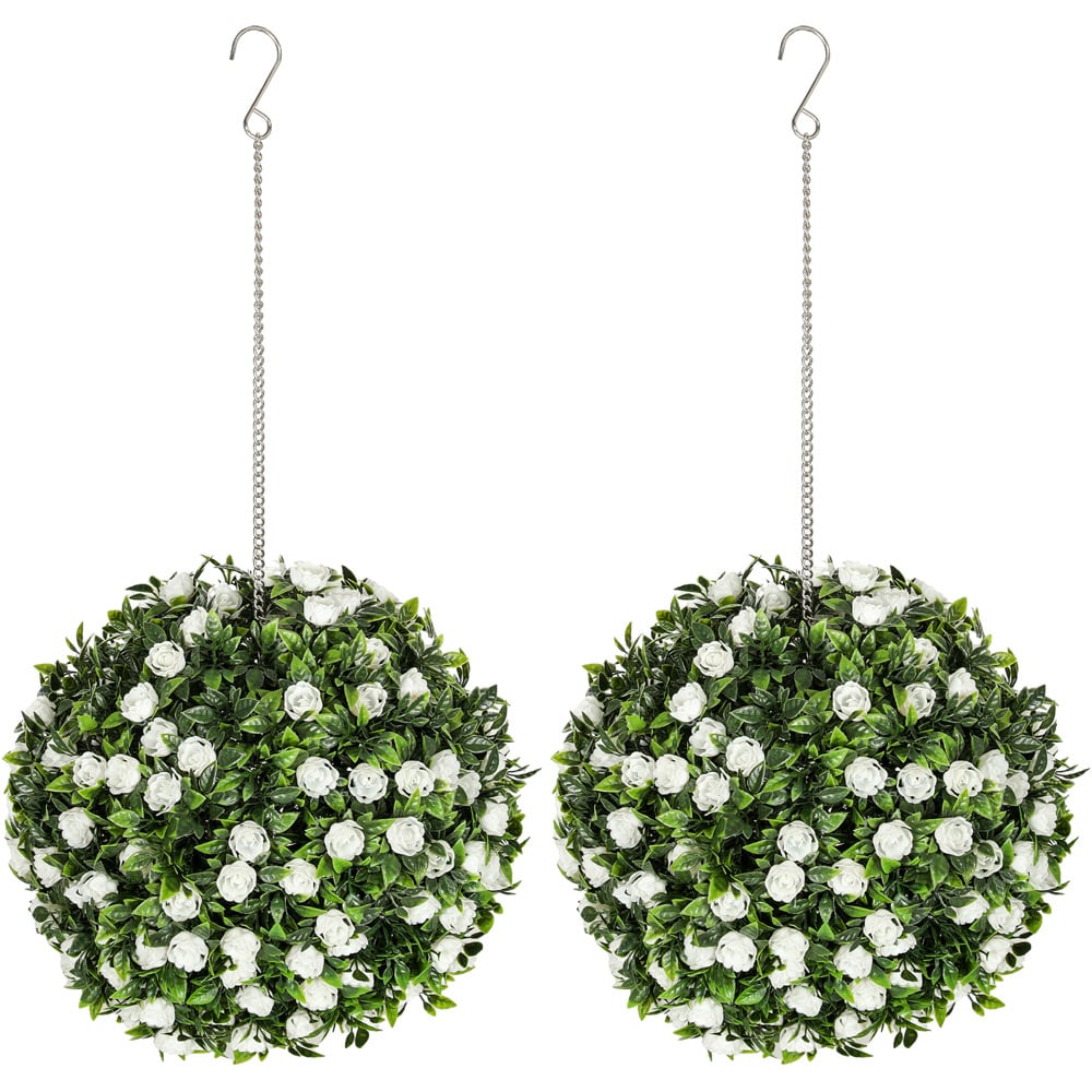 Portland White Rose Artificial Plant Hanging Topiary Ball 2 Pack Image 1