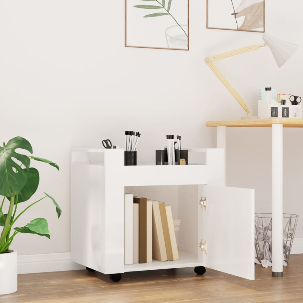vidaXL Single Door Single Shelf High Gloss White Wooden Desk Trolley Image 9