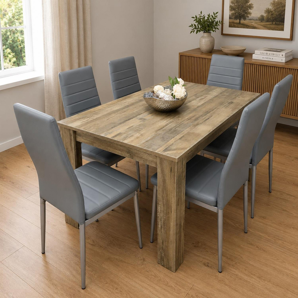 Portland 6 Seater Dining Set Rustic Effect and Grey Leather Image 1