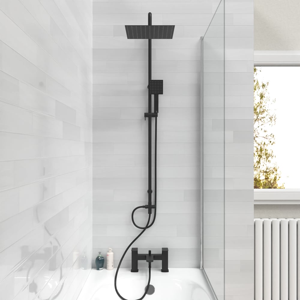 Nes Home Astra Matte Black Square Shower Riser Rail Kit with Bath Mixer and Handset Image 3