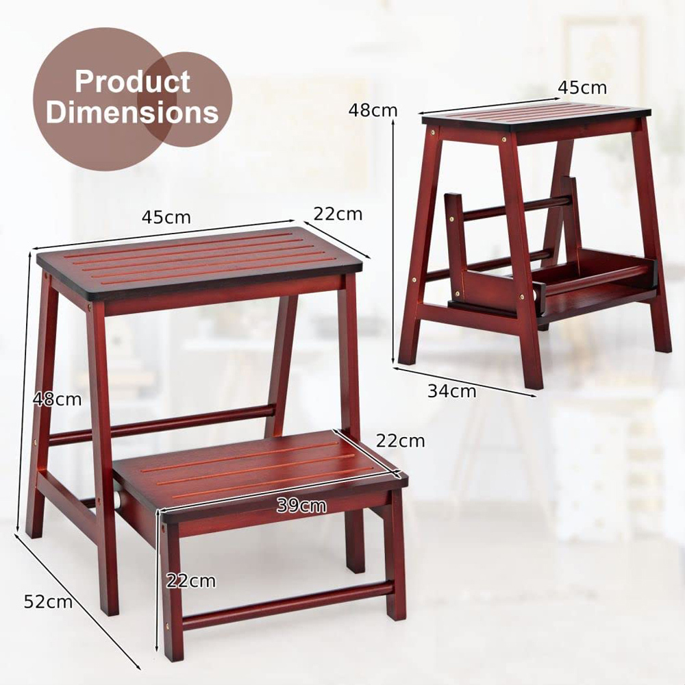 Costway 2 Step Red Bamboo Footstool Ladder Image 9