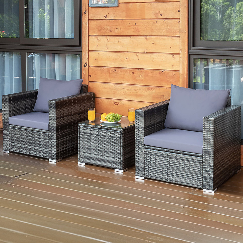 Costway 2 Seater Grey Rattan Bistro Set with Cushion Image 1