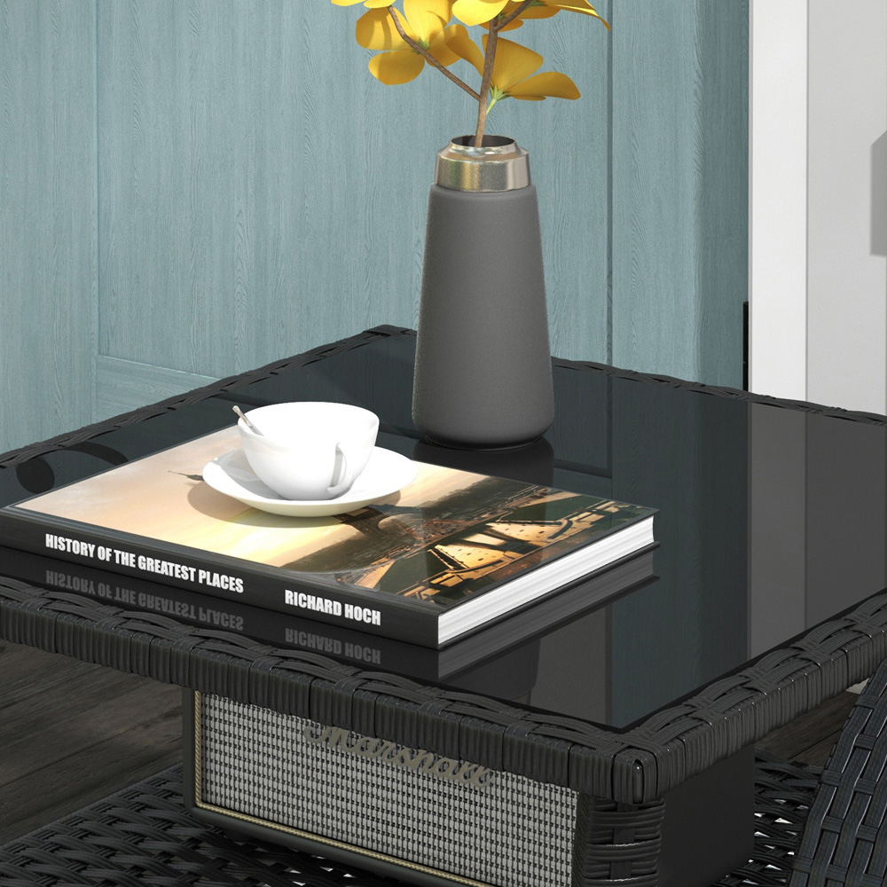 Outsunny Single Shelf Black Rattan Coffee Table with Glass Top Image 8