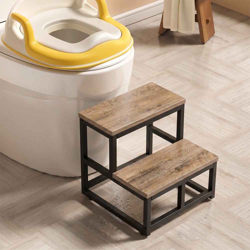 Living and Home Grey and Black Rustic Wood Grain 2 Step Stool Image 7