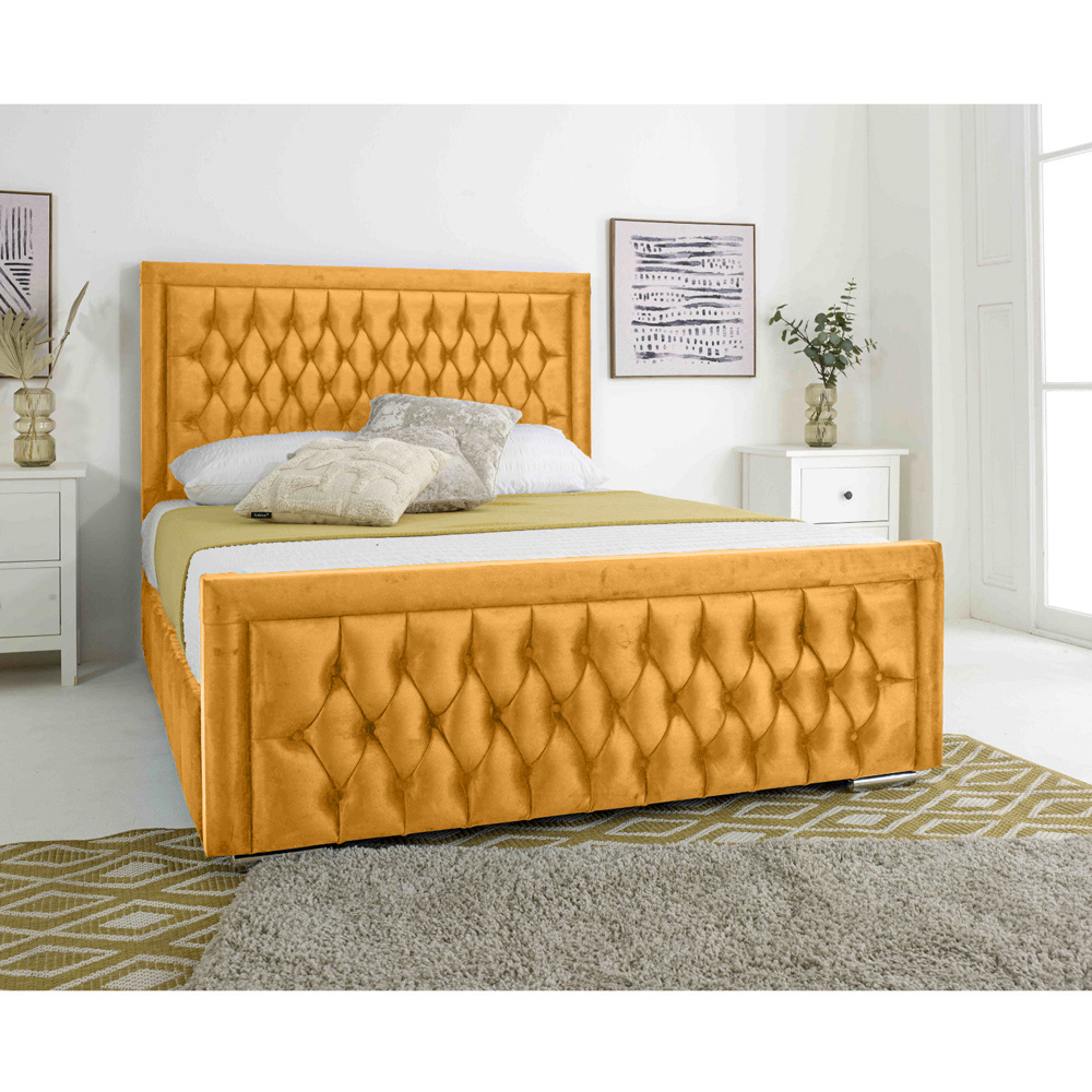 Eleganza Paloma Small Double Mustard Plush Velvet Bed Frame with Headboard and Footboard Image 2