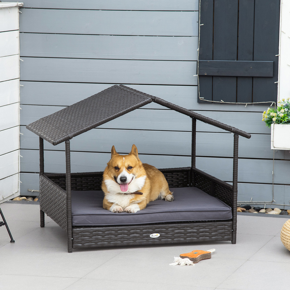 PawHut Wicker Pet House with Grey Cushion Image 2
