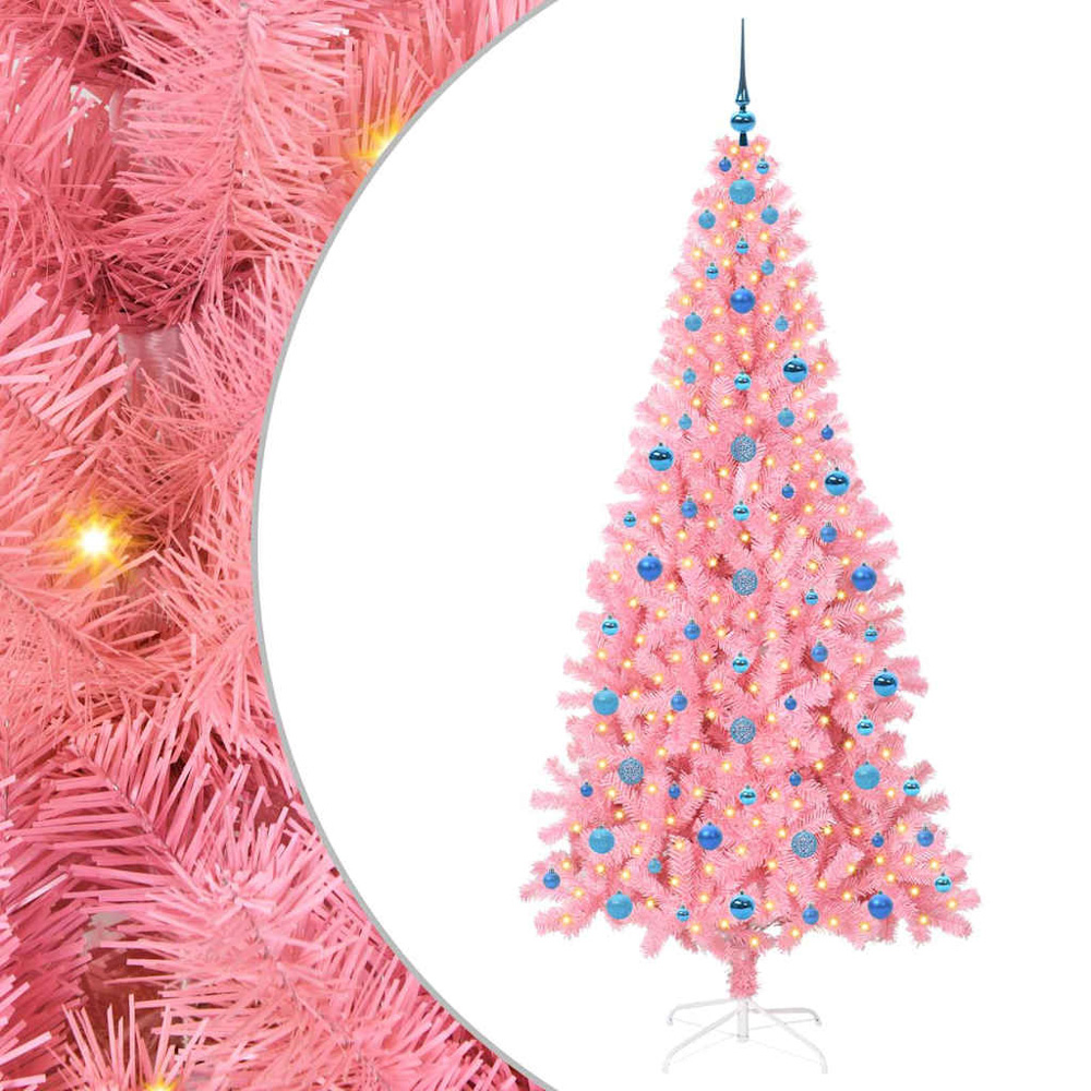 vidaXL Pre-Lit Blue Baubles Pink Artificial Christmas Tree 7ft Image 2
