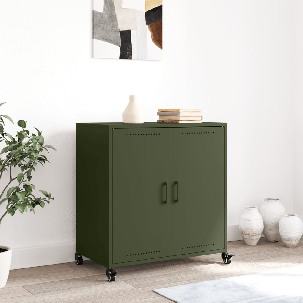 vidaXL 2 Door Olive Green Metal Sideboard with Wheels Image 9