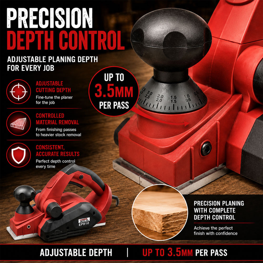 Lumberjack EP910 910W 230V Red Electric Hand Planer with Parallel Guide and Blades 82mm Image 3