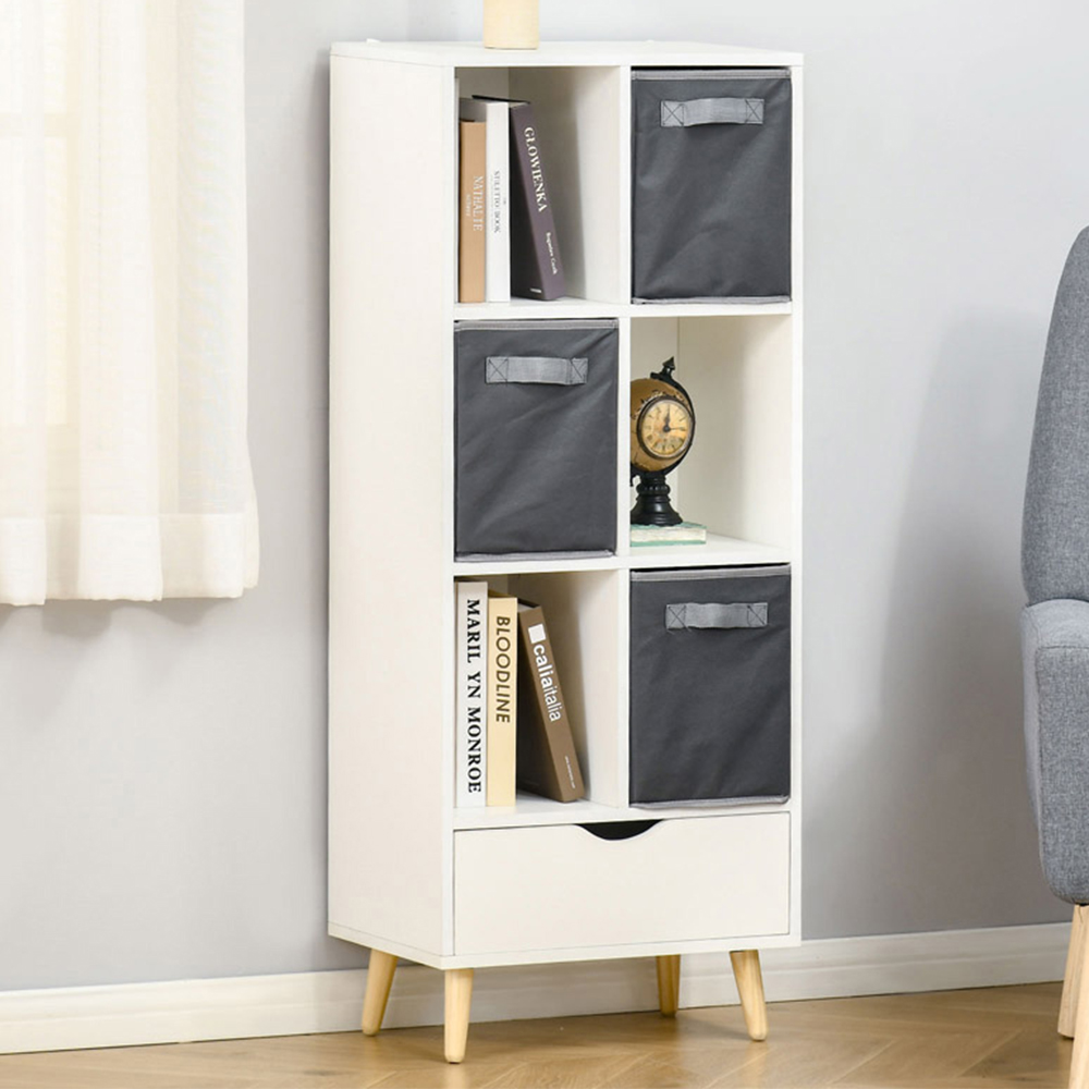 6 Cube Single Drawer White Bookcase with 3 Baskets Wilko