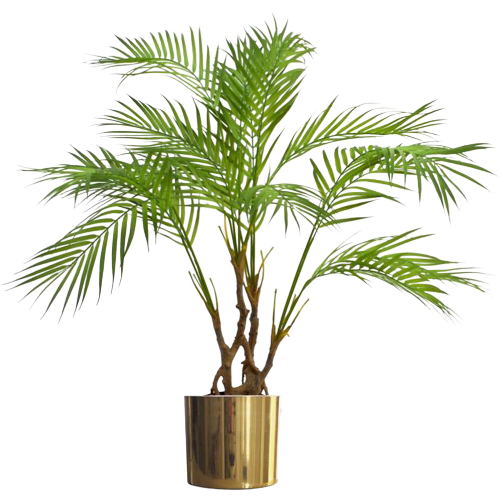 Leaf Realistic Twisted Trunk Areca Palm Artificial Plant with Gold Metal Planter 90cm Image 1