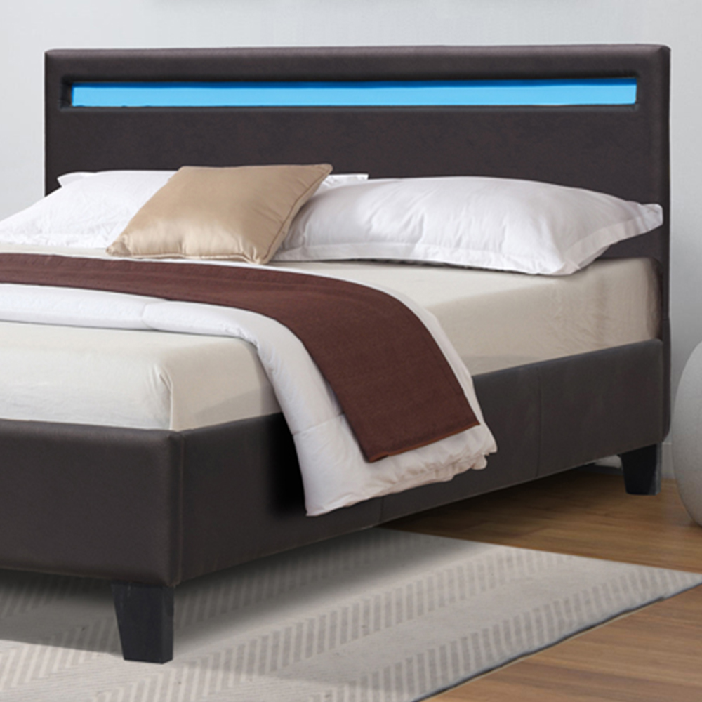 Comfy Living King Size Brown Faux Leather Bed Frame with LED Strip Image 2