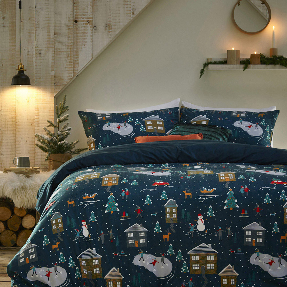 furn. Winter Pines Double Navy Pyjama Fleece Duvet Cover Set Wilko