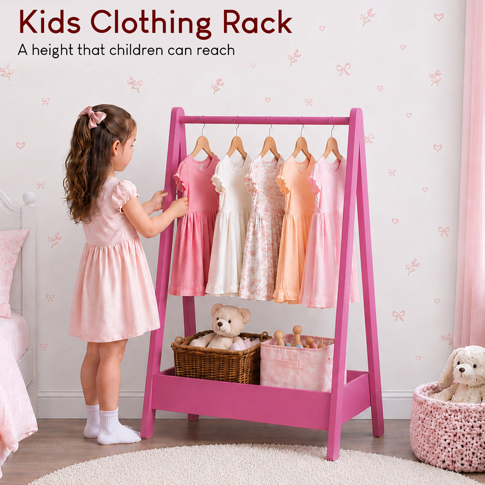 JUNIOR VIDA Pink Kids Clothes Rack with Storage Shelf Image 6