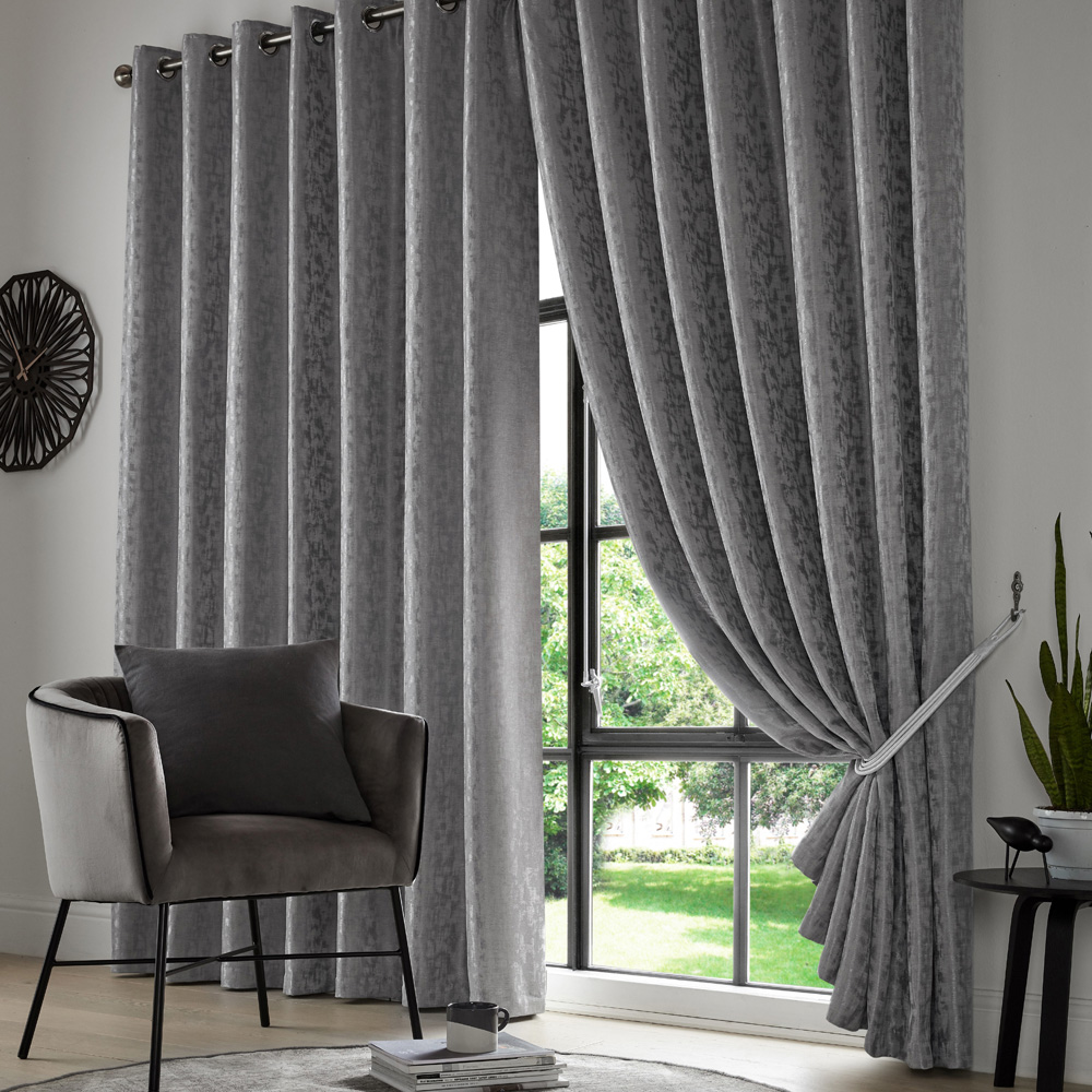 Alan Symonds Eswic Pewter Marble Effect Jacquard Ring Top Eyelet Curtains 229 x 183cm Image 1