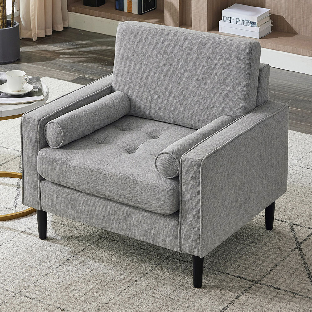 Living and Home Grey Linen Mid-Century Armchair with Armrest Pillows Image 7