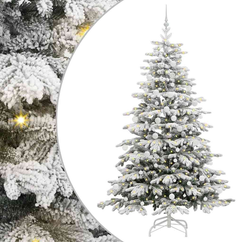 vidaXL Pre-Lit White Baubles White Artificial Snow Flocked Christmas Tree 7ft Image 2
