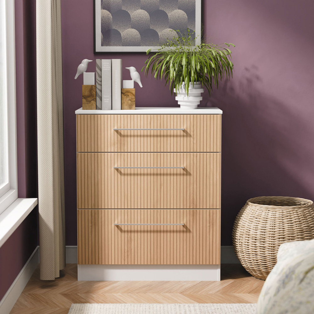 Crowndale Worcester 3 Drawer Slatt Effect and White Deep Chest of Drawers Ready Assembled Image 7