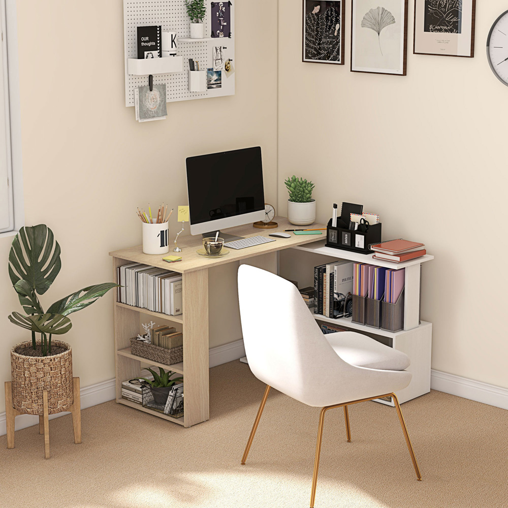 HOMCOM 5 Shelf Rotatable L-Shaped Corner Desk Natural and White Image 2