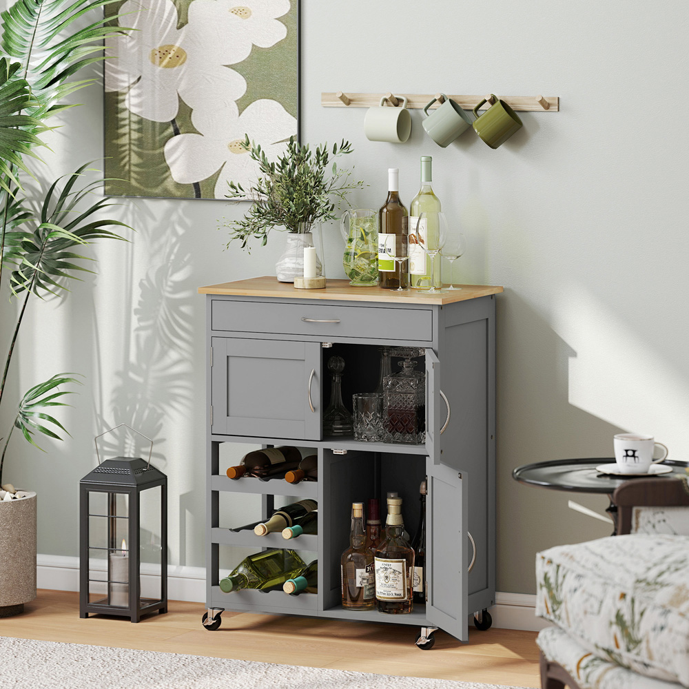 Portland 3 Door Single Drawer Grey Rolling Kitchen Island Trolley Image 2