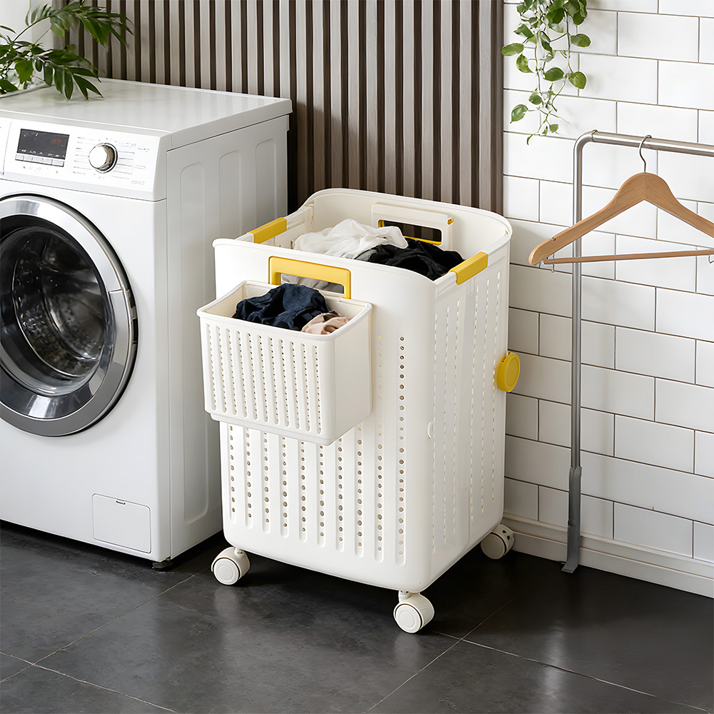 Living and Home Medium White Foldable Laundry Basket with Hanging Basket and Castors Image 7